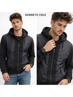 Kenneth Cole Black Zip Hoodie Cotton Nylon Hybrid Drawstring Men XLARGE